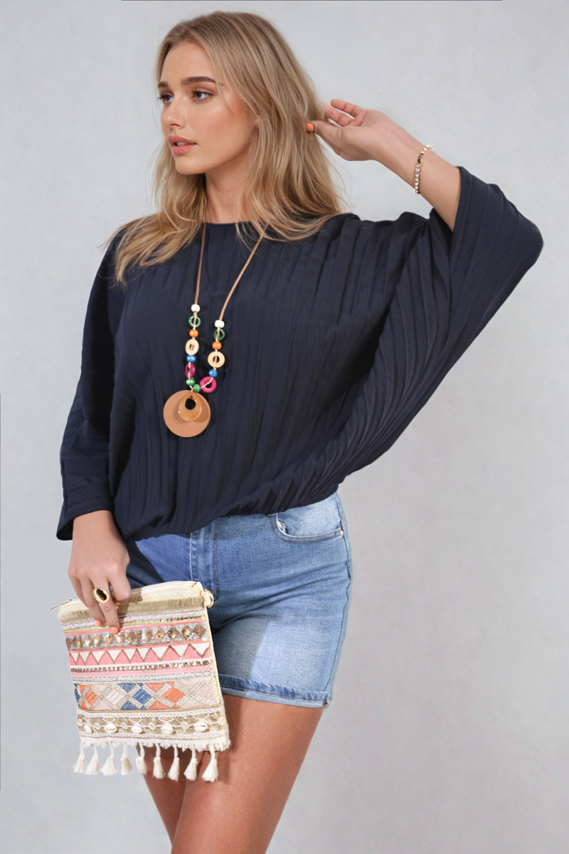 Batwing Oversized Pleated Top - Black River UK