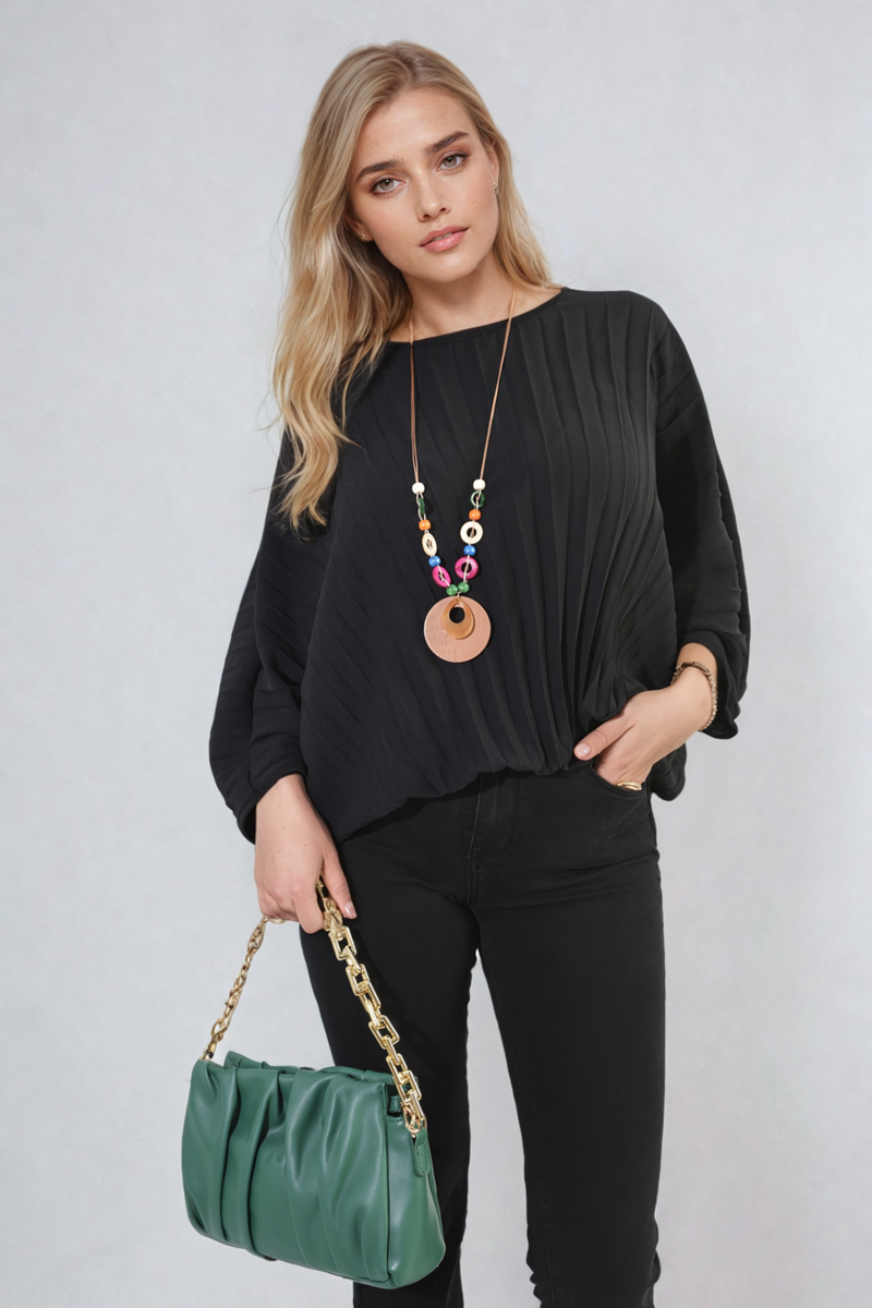 Batwing Oversized Pleated Top - Black River UK
