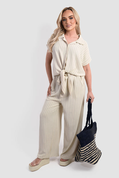 Striped Button Down Tie Front Top and Trouser Co-ord Set - Black River UK