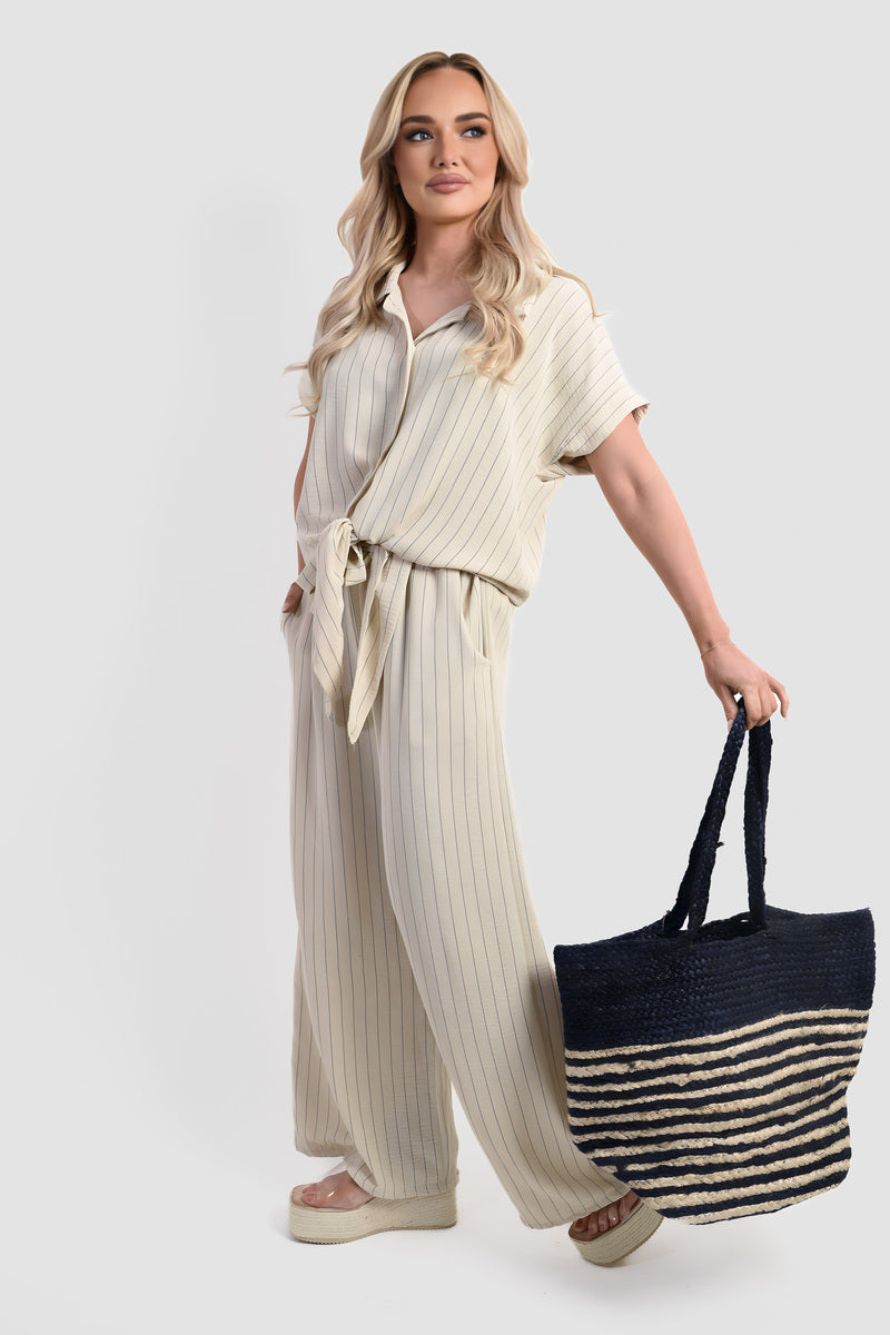 Striped Button Down Tie Front Top and Trouser Co-ord Set - Black River UK