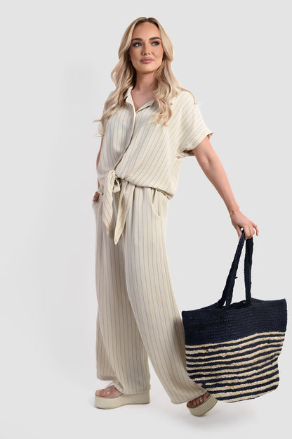 Striped Button Down Tie Front Top and Trouser Co-ord Set - Black River UK