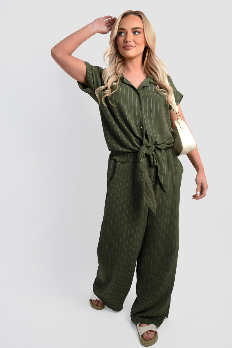 Striped Button Down Tie Front Top and Trouser Co-ord Set - Black River UK