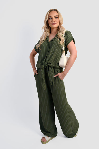 Striped Button Down Tie Front Top and Trouser Co-ord Set - Black River UK