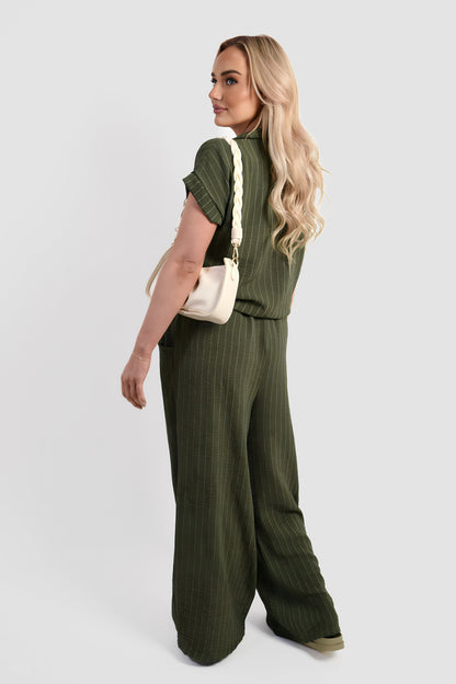 Striped Button Down Tie Front Top and Trouser Co-ord Set - Black River UK