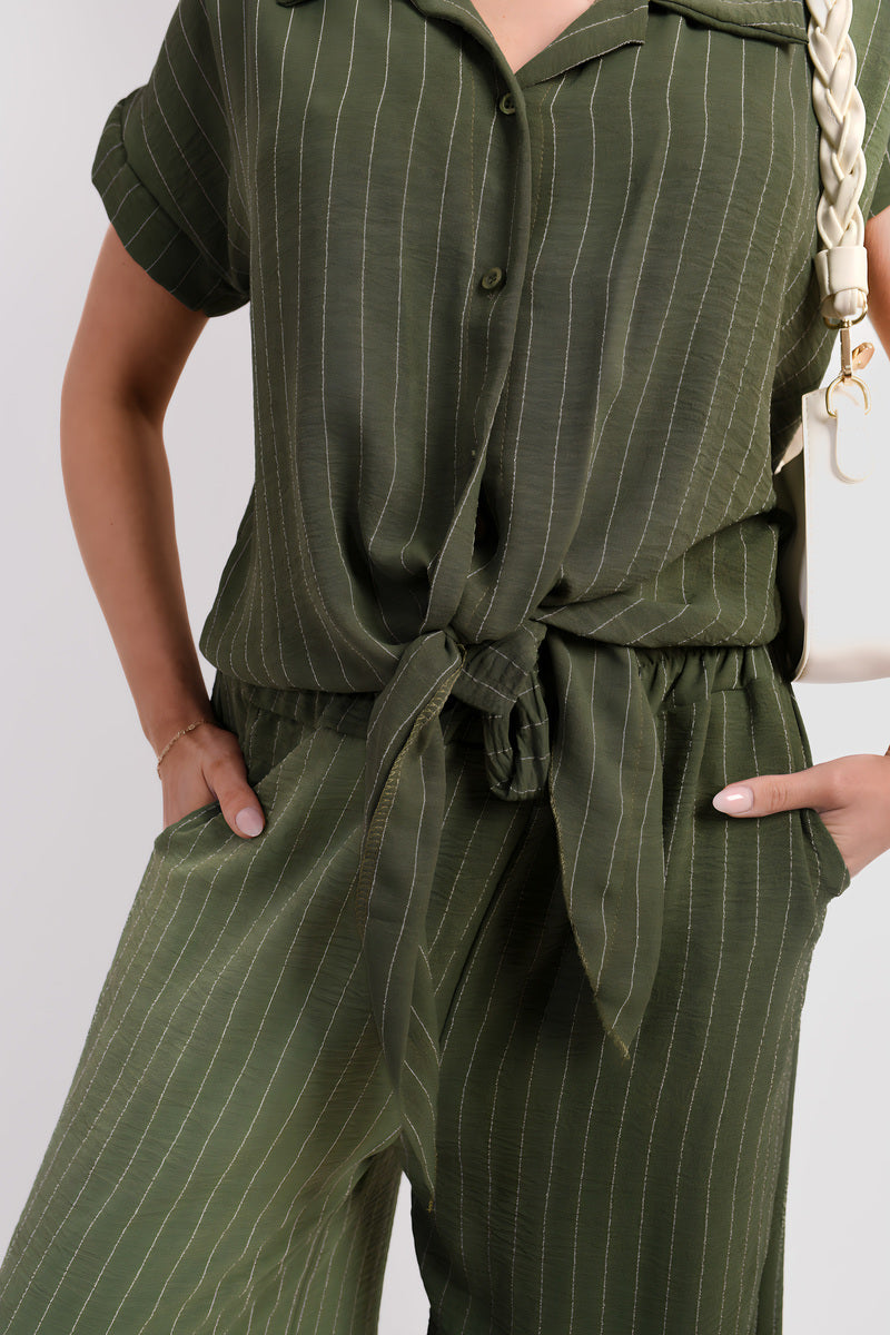 Striped Button Down Tie Front Top and Trouser Co-ord Set - Black River UK