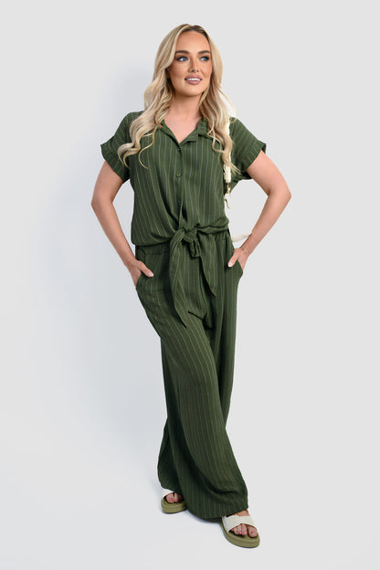 Striped Button Down Tie Front Top and Trouser Co-ord Set - Black River UK