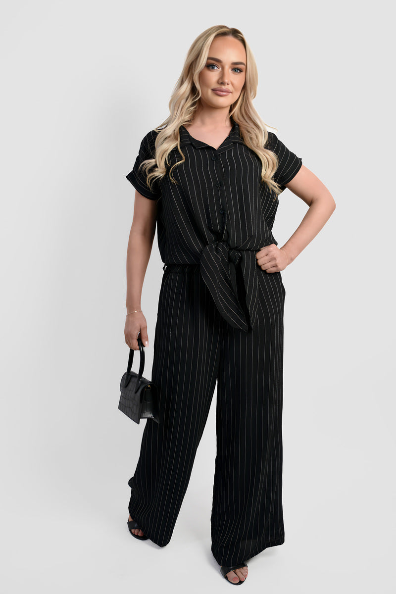 Striped Button Down Tie Front Top and Trouser Co-ord Set - Black River UK