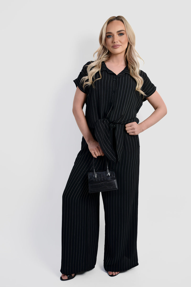 Striped Button Down Tie Front Top and Trouser Co-ord Set - Black River UK