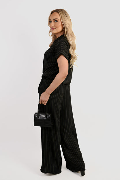 Striped Button Down Tie Front Top and Trouser Co-ord Set - Black River UK