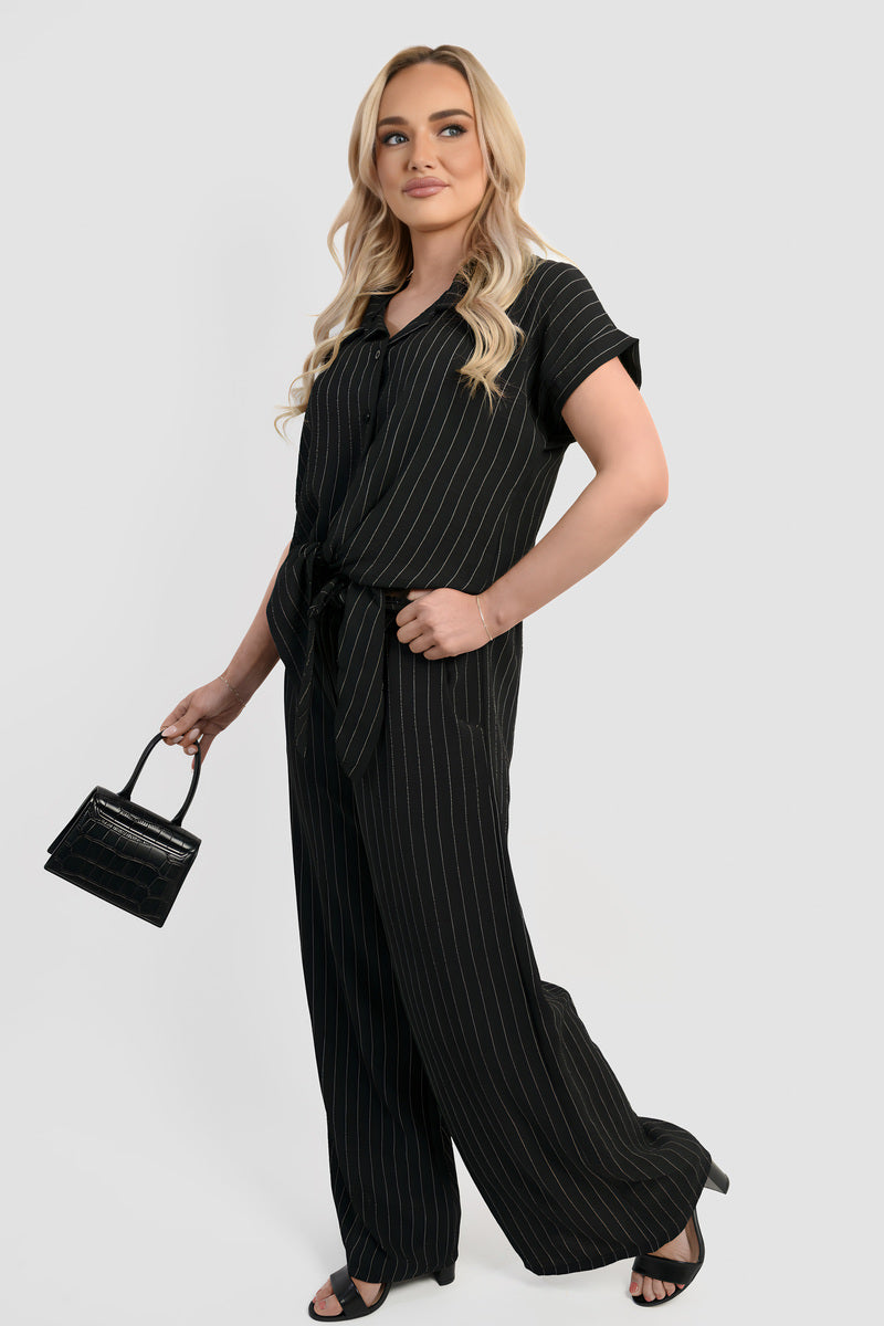 Striped Button Down Tie Front Top and Trouser Co-ord Set - Black River UK