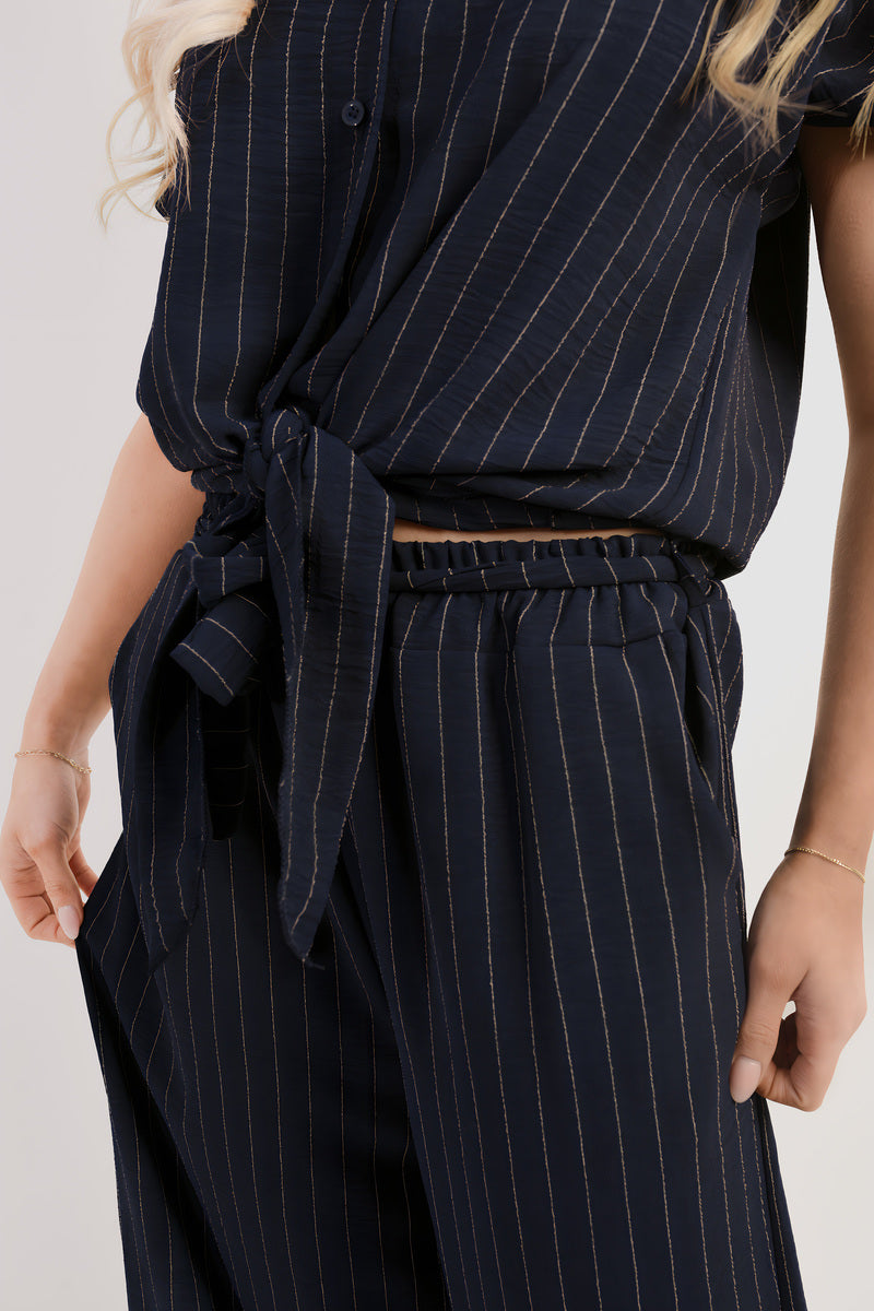 Striped Button Down Tie Front Top and Trouser Co-ord Set - Black River UK