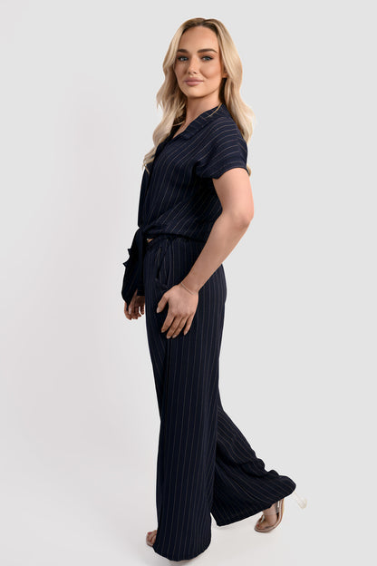 Striped Button Down Tie Front Top and Trouser Co-ord Set - Black River UK
