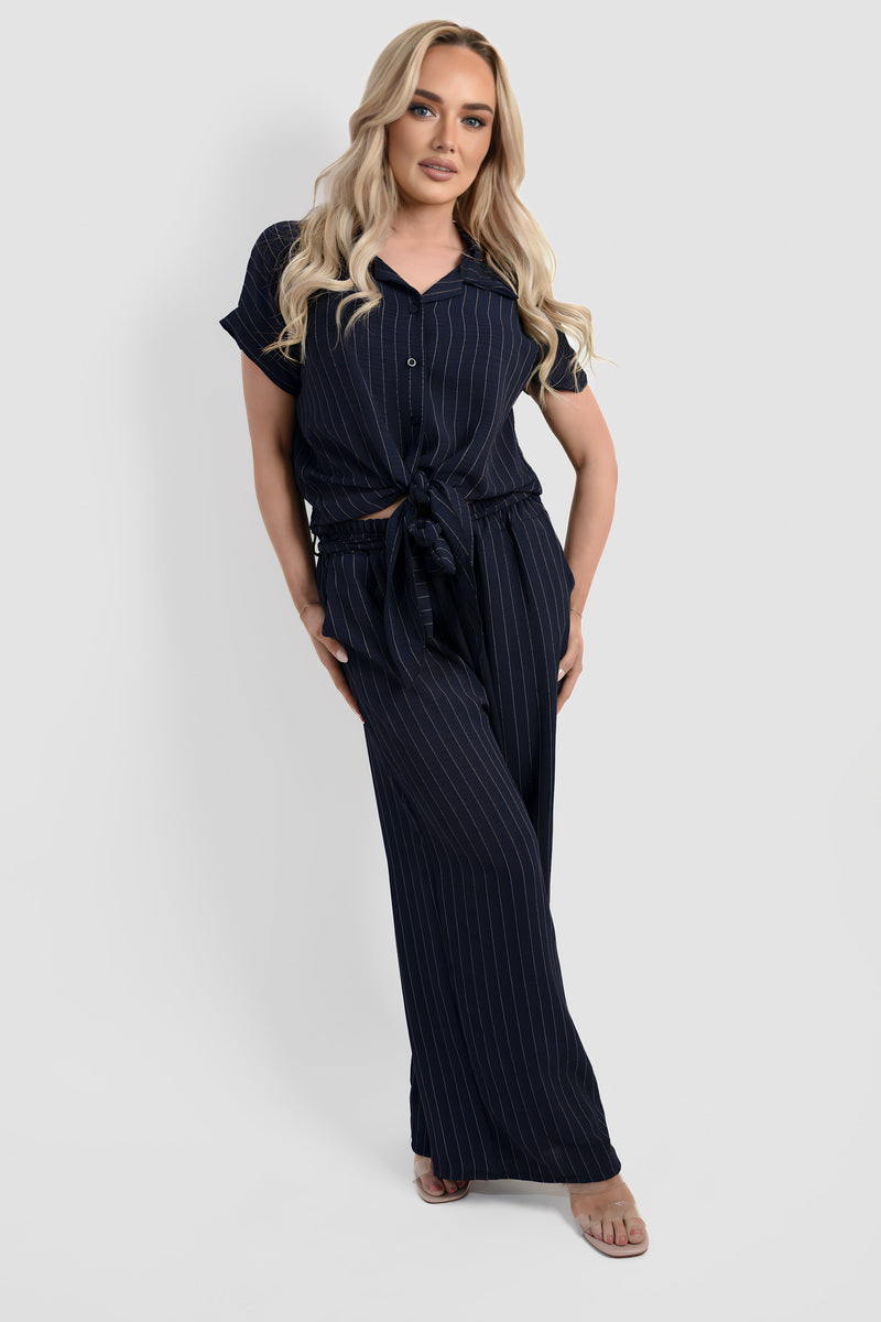 Striped Button Down Tie Front Top and Trouser Co-ord Set - Black River UK