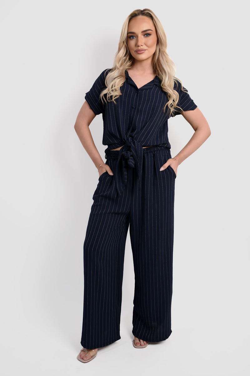 Striped Button Down Tie Front Top and Trouser Co-ord Set - Black River UK