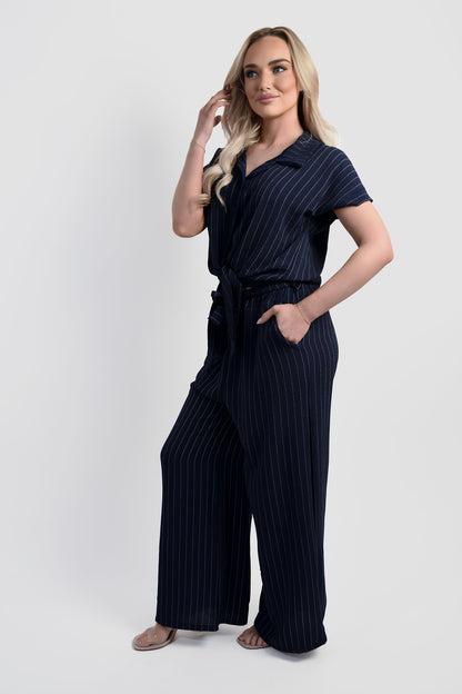Striped Button Down Tie Front Top and Trouser Co-ord Set - Black River UK