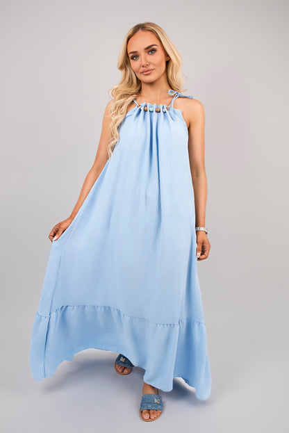Sleeveless Beaded Halter Neck Maxi Dress with Tiered Hem - Black River UK