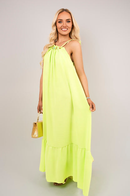 Sleeveless Beaded Halter Neck Maxi Dress with Tiered Hem - Black River UK