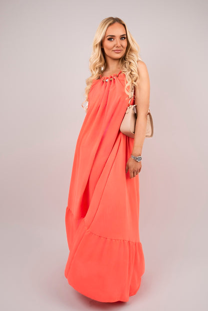 Sleeveless Beaded Halter Neck Maxi Dress with Tiered Hem - Black River UK