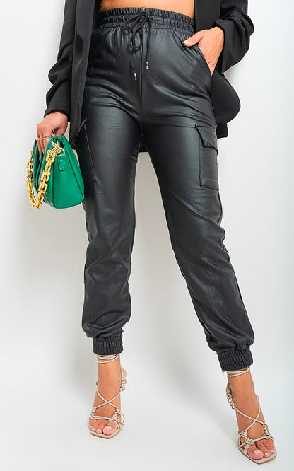 High Waisted Faux Leather Cargo Trousers - Black River UK