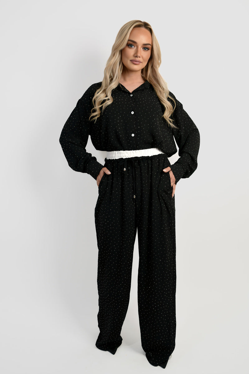 Embellished Drawstring Wide Leg Trouser - Black River UK