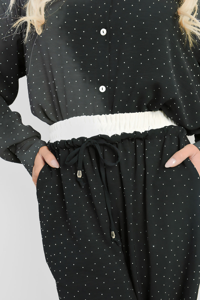 Embellished Drawstring Wide Leg Trouser - Black River UK
