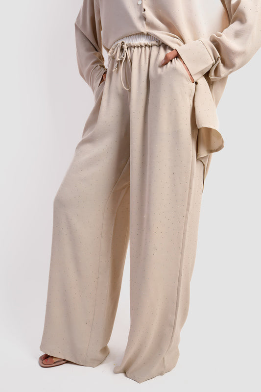 Embellished Drawstring Wide Leg Trouser - Black River UK