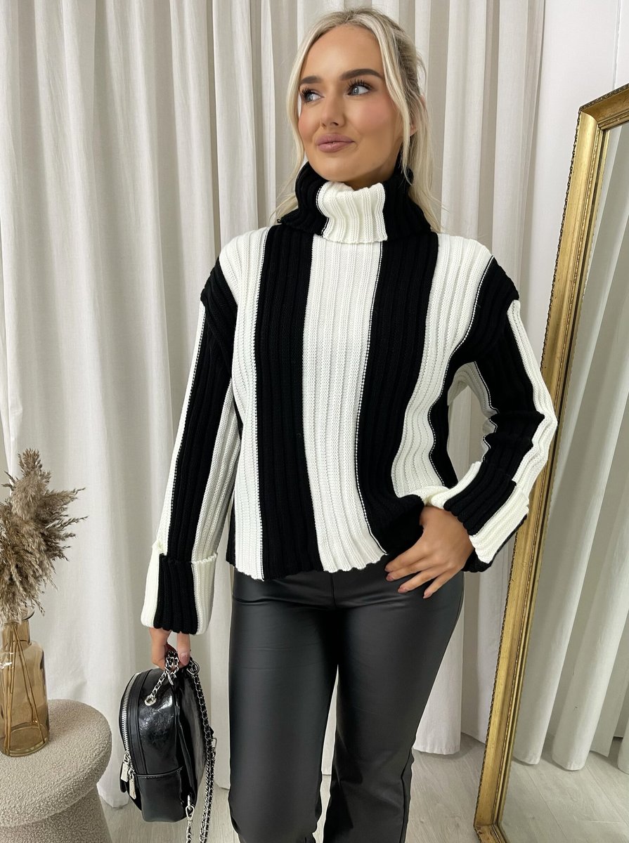 Roll Neck Stripe Knitted Jumper - Black River UK