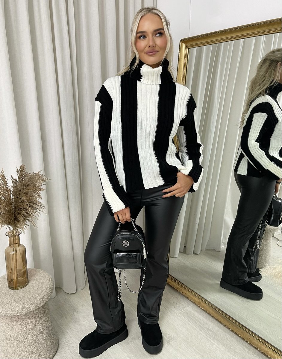 Roll Neck Stripe Knitted Jumper - Black River UK