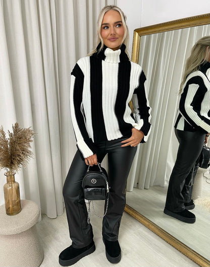 Roll Neck Stripe Knitted Jumper - Black River UK