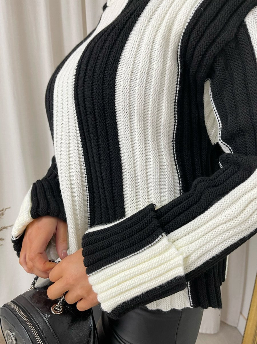 Roll Neck Stripe Knitted Jumper - Black River UK