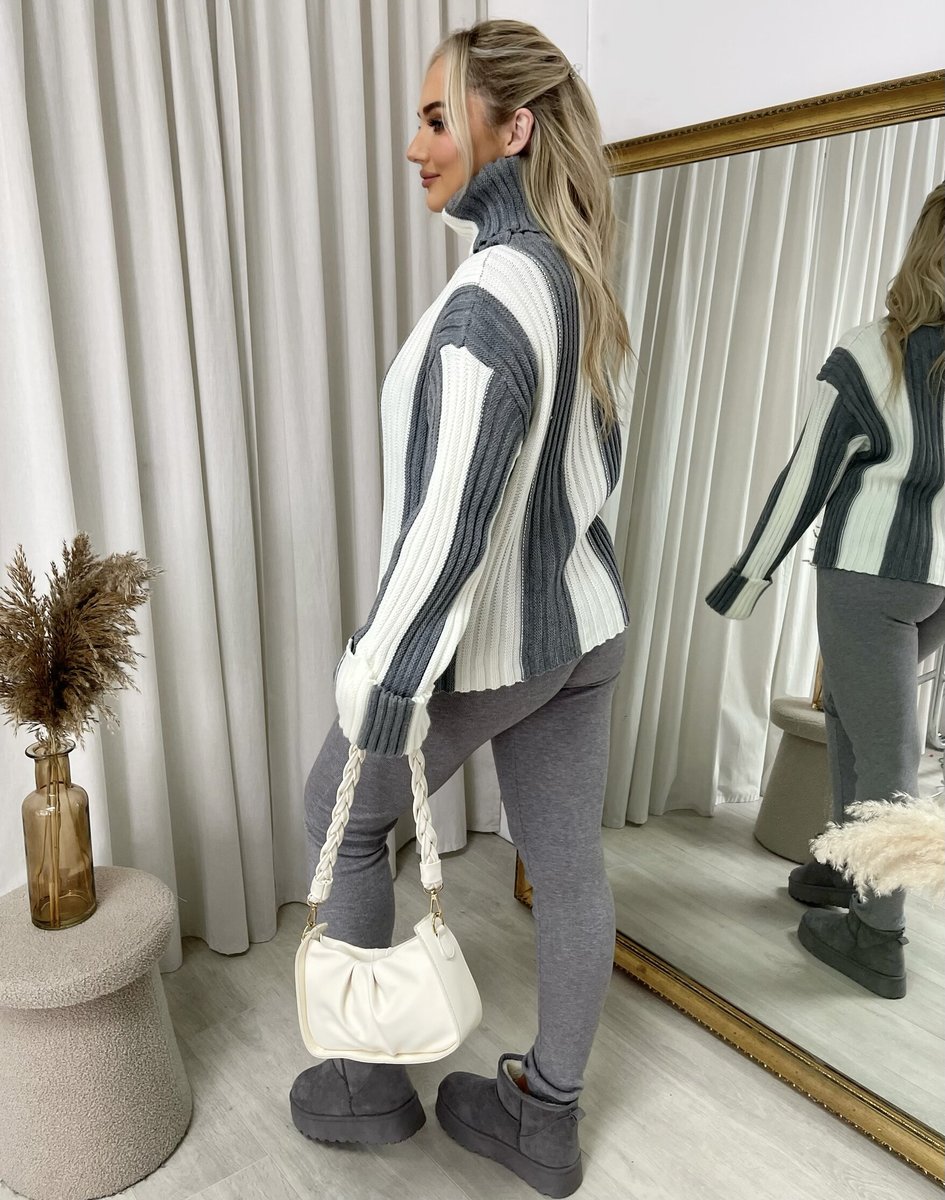 Roll Neck Stripe Knitted Jumper - Black River UK