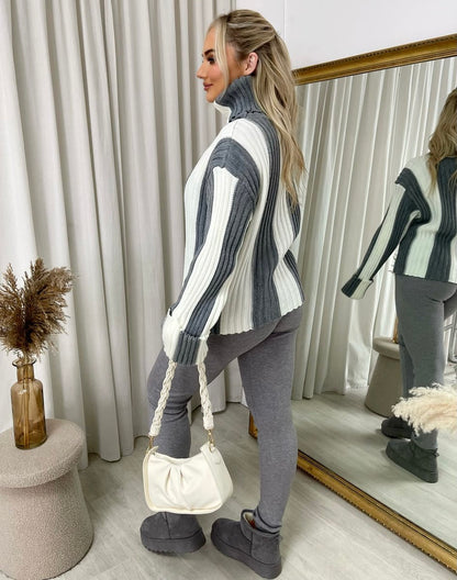 Roll Neck Stripe Knitted Jumper - Black River UK