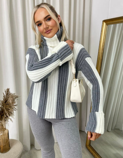 Roll Neck Stripe Knitted Jumper - Black River UK