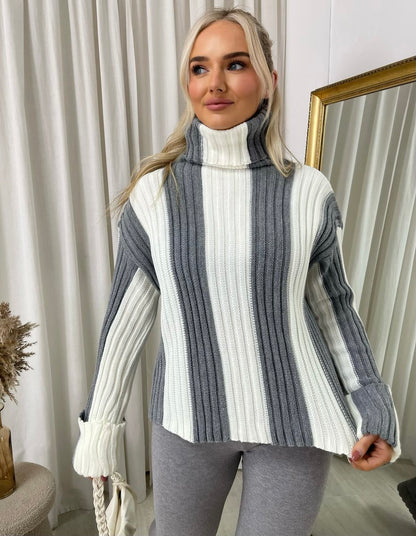 Roll Neck Stripe Knitted Jumper - Black River UK