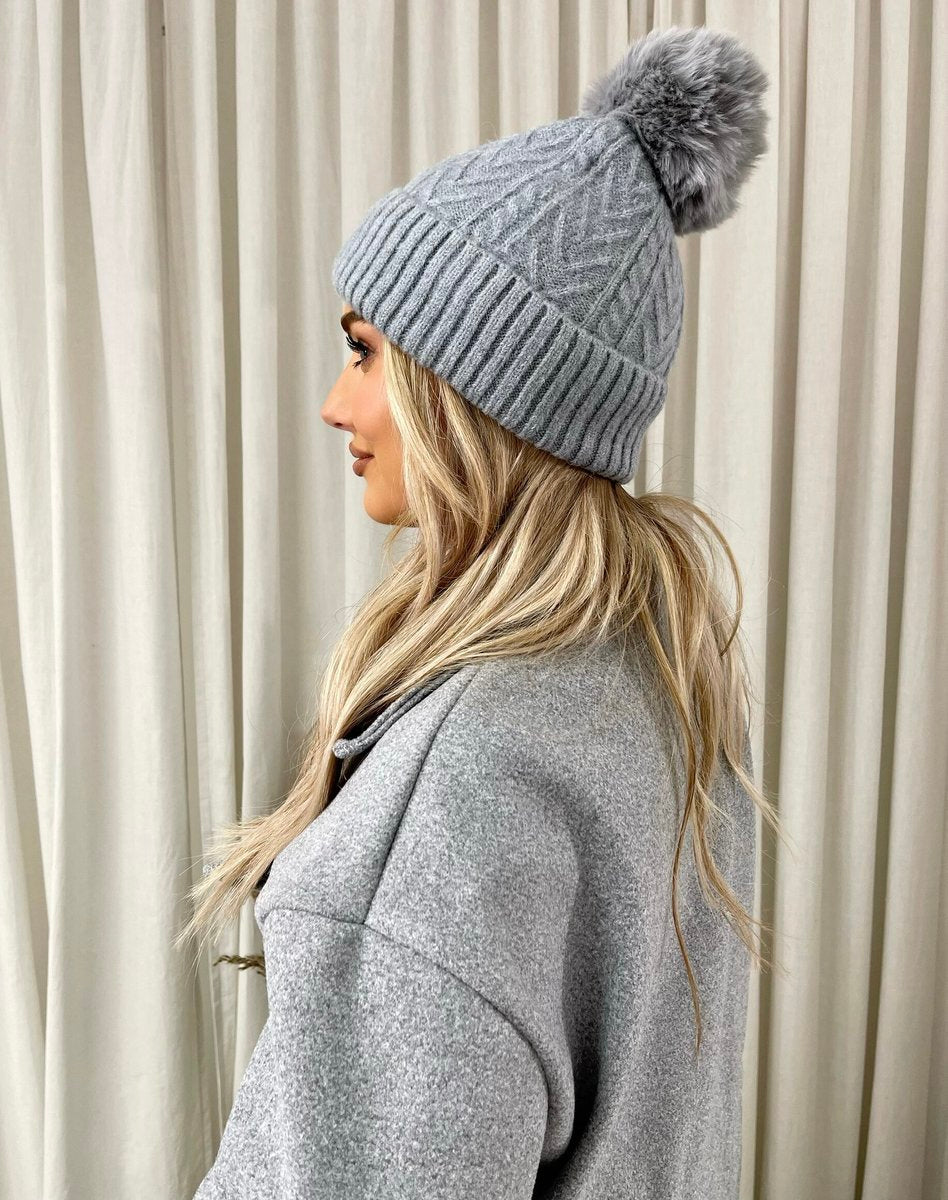 Chunky Knit Fur Pom Beanie Hat - Black River UK