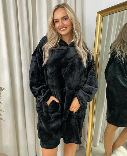 Oversized Fluffy Winter Blanket Hoodie - Black River UK