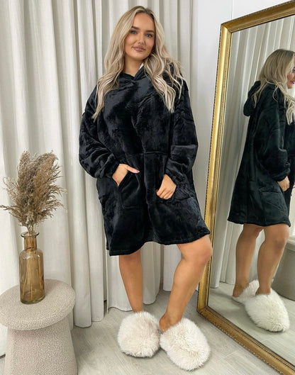 Oversized Fluffy Winter Blanket Hoodie - Black River UK