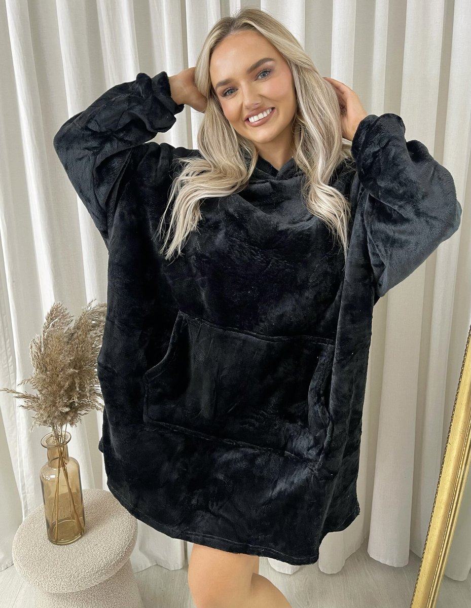 Oversized Fluffy Winter Blanket Hoodie - Black River UK