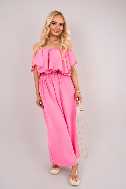 Off Shoulder Flared Wide Leg Jumpsuit with Ruffle Detail - Black River UK