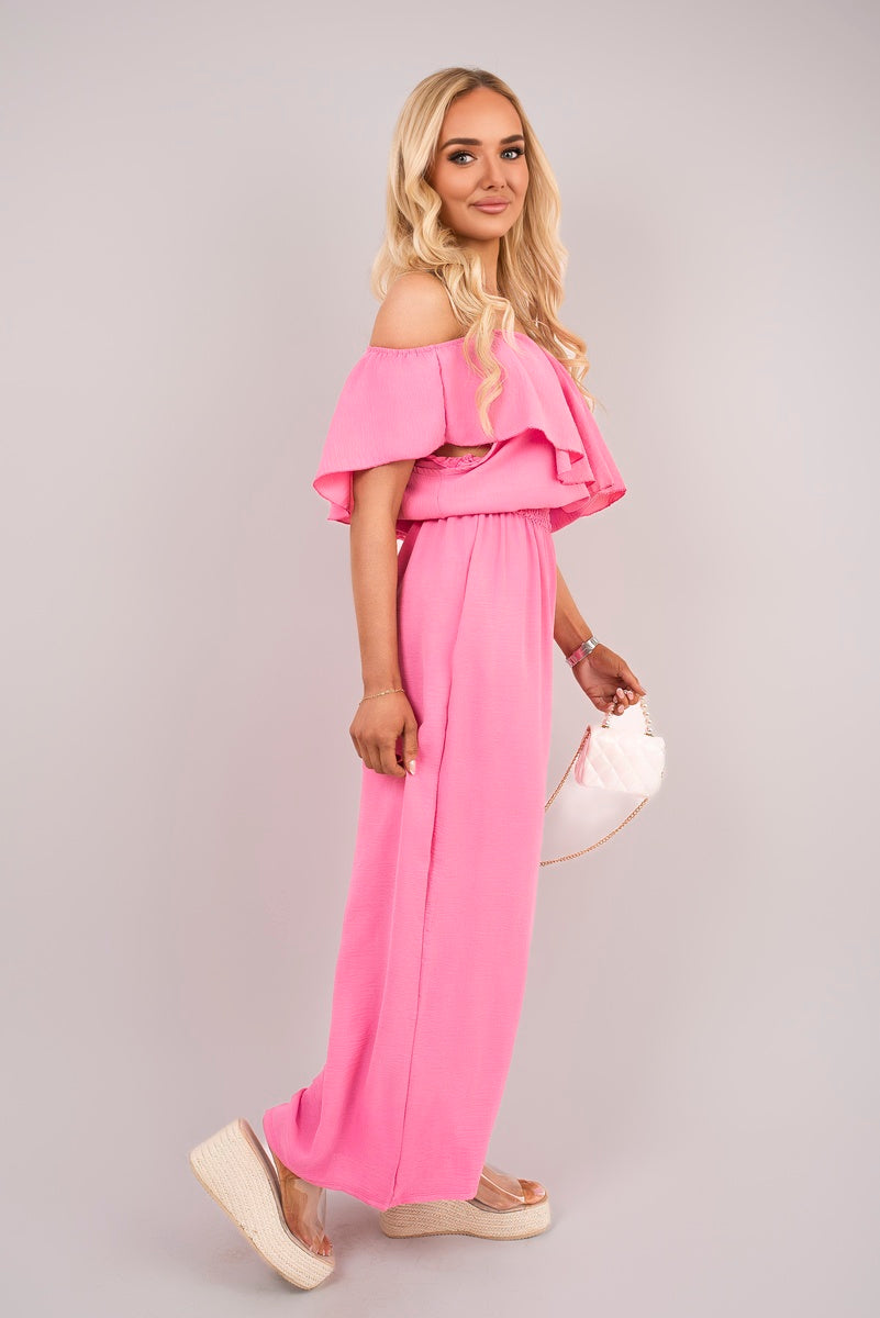 Off Shoulder Flared Wide Leg Jumpsuit with Ruffle Detail - Black River UK
