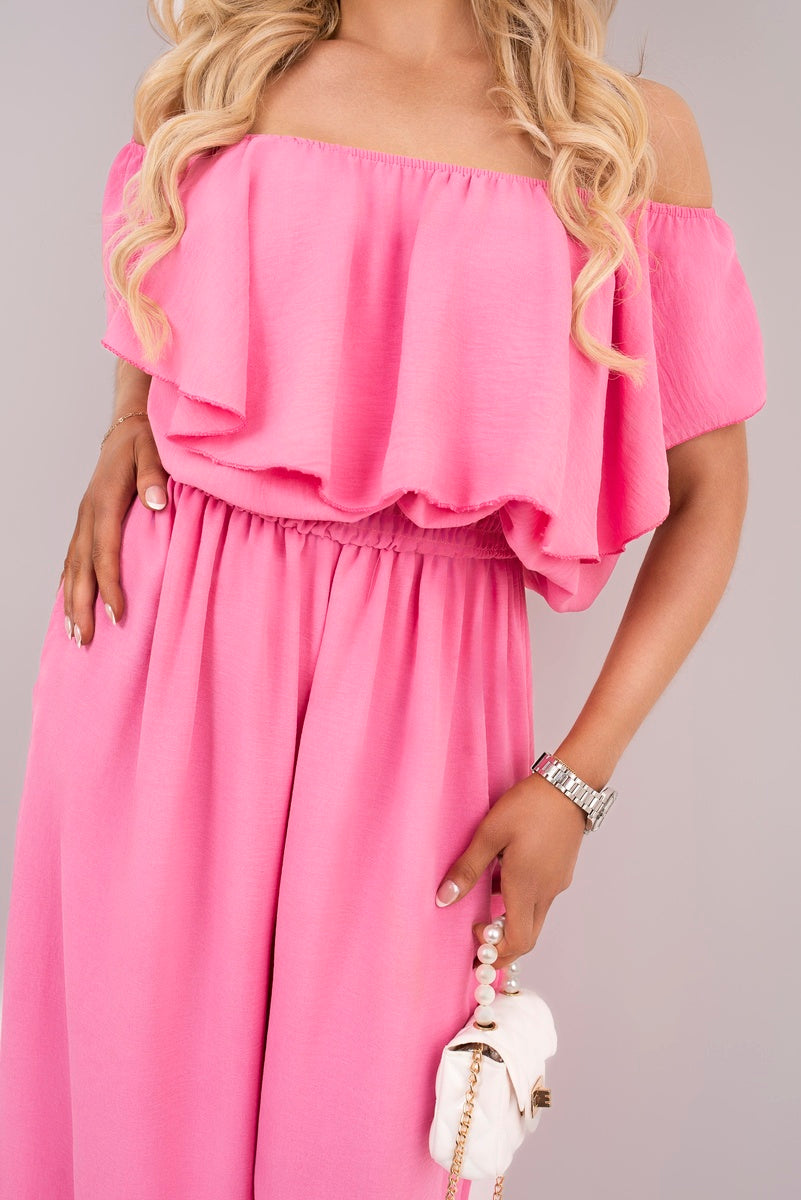 Off Shoulder Flared Wide Leg Jumpsuit with Ruffle Detail - Black River UK