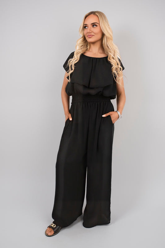 Off Shoulder Flared Wide Leg Jumpsuit with Ruffle Detail - Black River UK