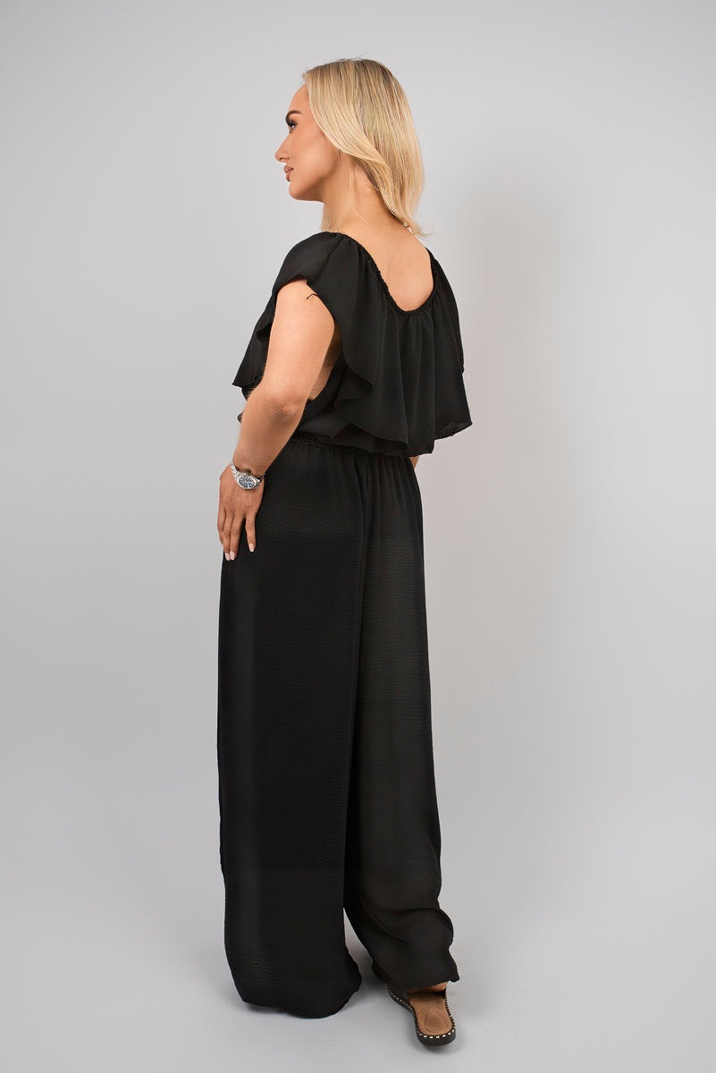 Off Shoulder Flared Wide Leg Jumpsuit with Ruffle Detail - Black River UK