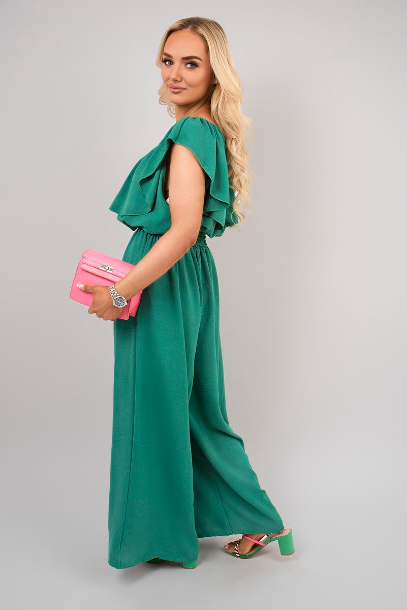 Off Shoulder Flared Wide Leg Jumpsuit with Ruffle Detail - Black River UK