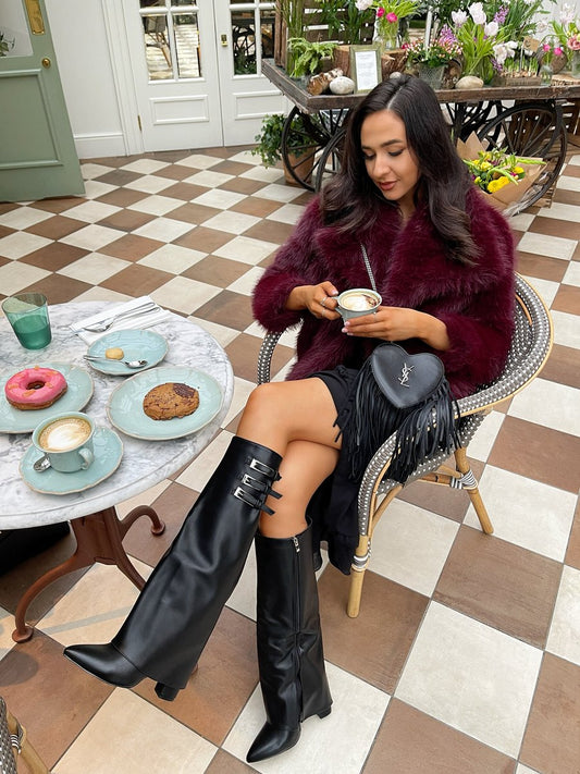 Pointed Toe Fold-Over Knee High Boots - Black River UK