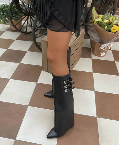 Pointed Toe Fold-Over Knee High Boots - Black River UK