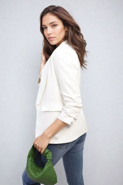 Ruched Sleeve Open Front Blazer Jacket with Front Pockets - Black River UK