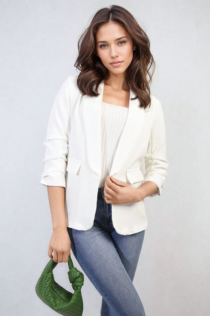 Ruched Sleeve Open Front Blazer Jacket with Front Pockets - Black River UK