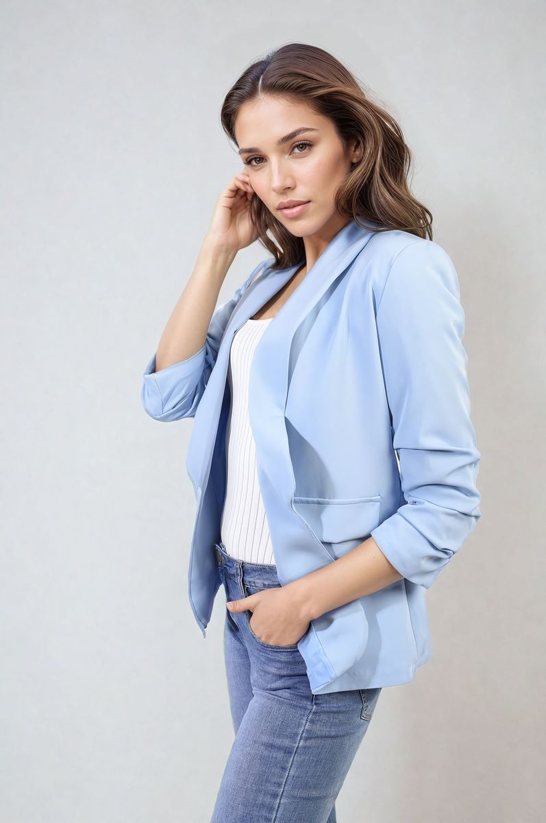 Ruched Sleeve Open Front Blazer Jacket with Front Pockets - Black River UK