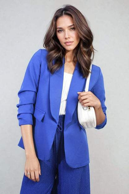 Ruched Sleeve Open Front Blazer Jacket with Front Pockets - Black River UK